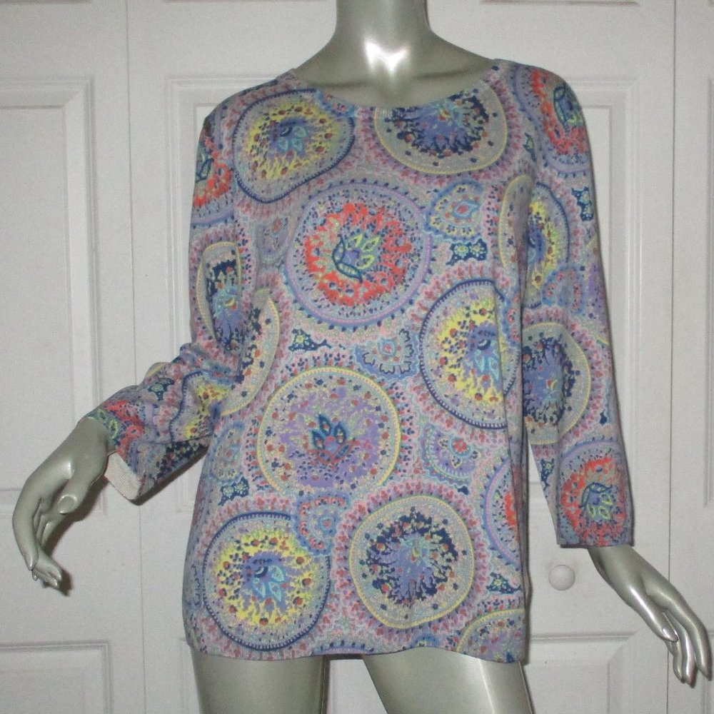 TALBOTS Blue & Pink Paisley Sunburst Pattern Pullover Sweater